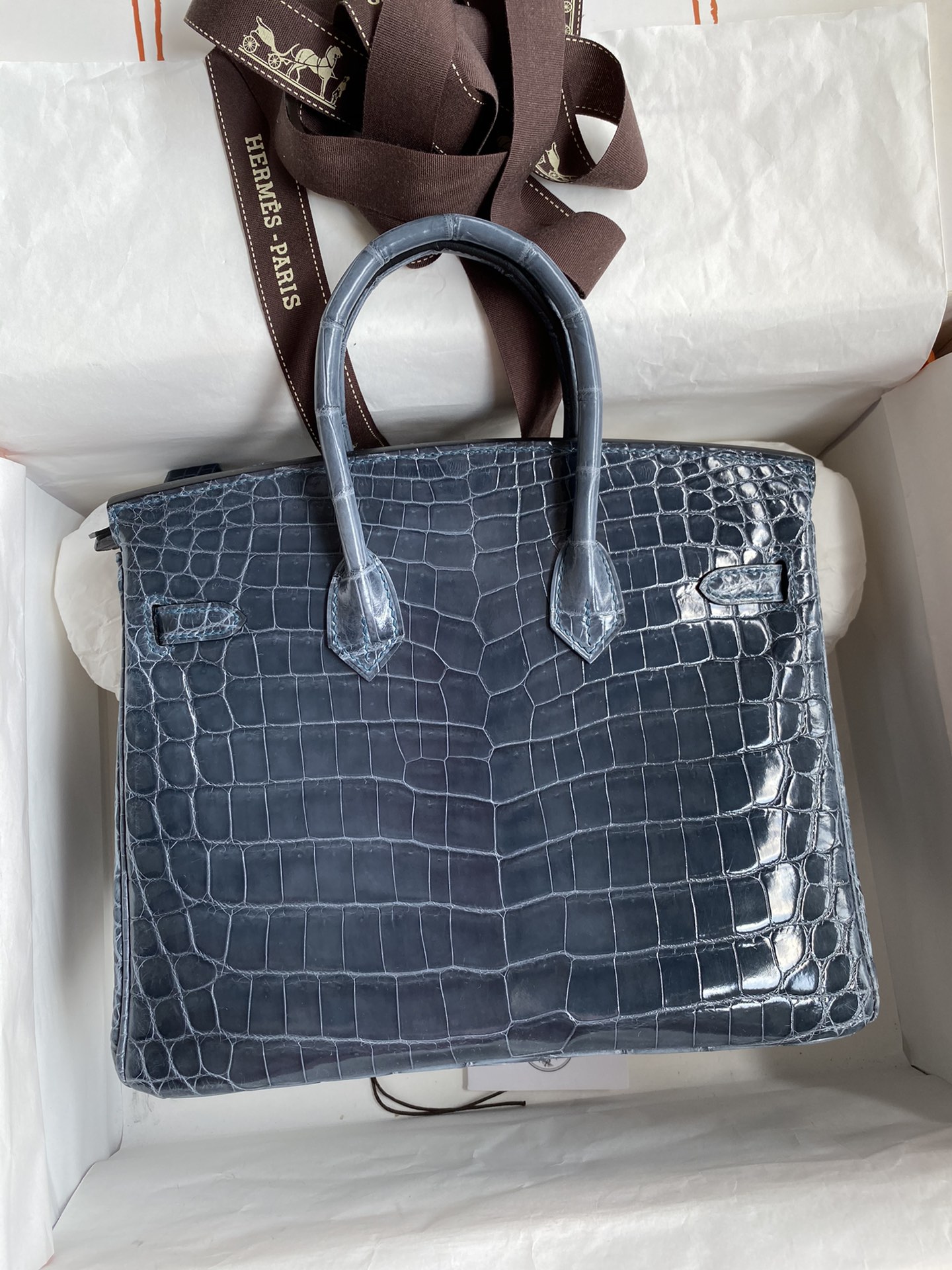 Hermes Birkin 25CM Handmade Bag In Blue Orage Crocodile Niloticus Shiny Skin